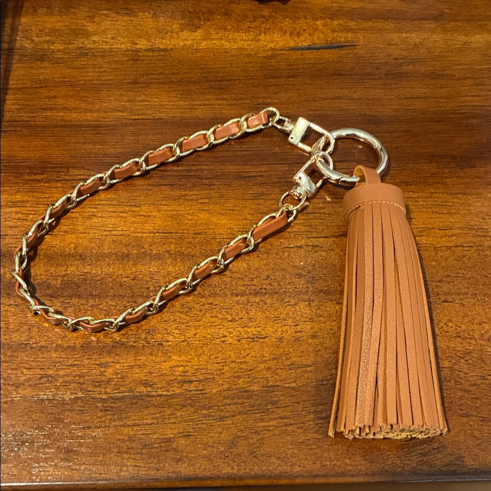 Tassel Keychain Wristlet - Tan Leather with Gold Chain